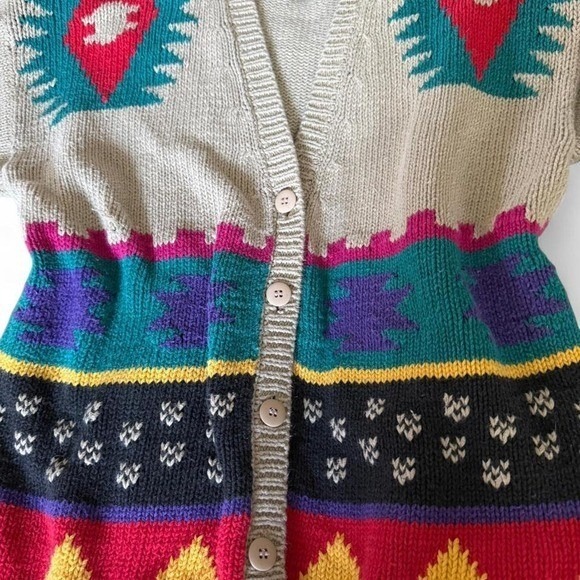 VTG 90s Sz Small Natalie's Southwestern-style Slouchy Cardigan Sweater in Cream - Picture 2 of 5